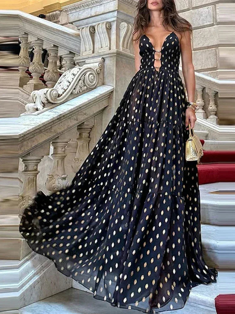 Vestito lungo donna nero a pois