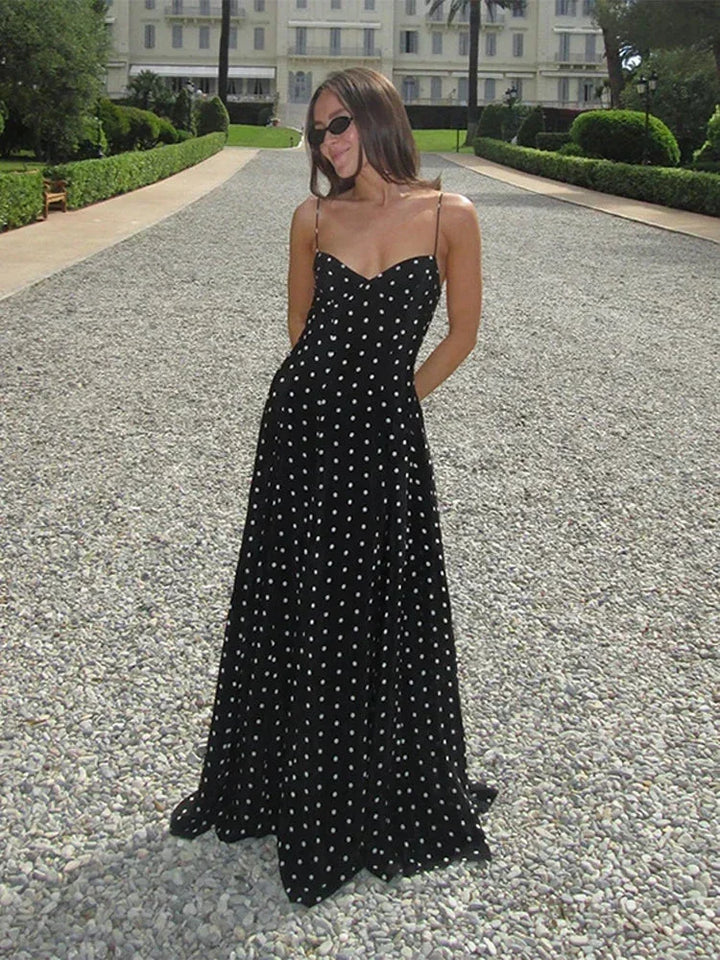 Vestito lungo donna nero a pois
