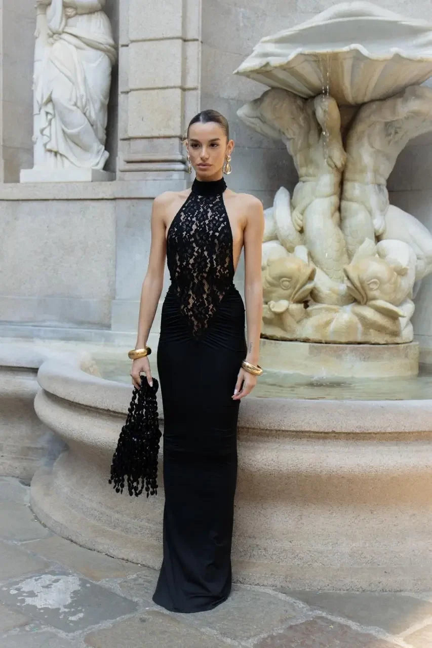 Vestito lungo da donna nero con schiena nuda