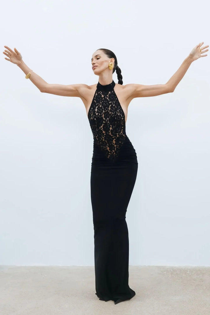 Vestito lungo da donna nero con schiena nuda