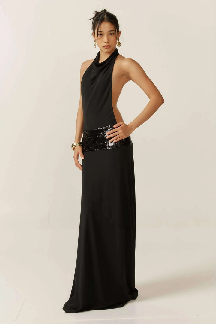 Vestito lungo da donna nero schiena nuda con paillettes