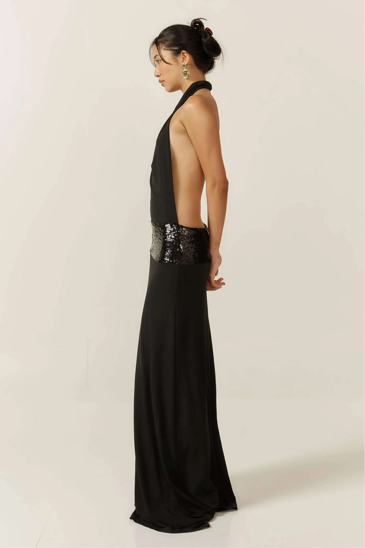 Vestito lungo da donna nero schiena nuda con paillettes