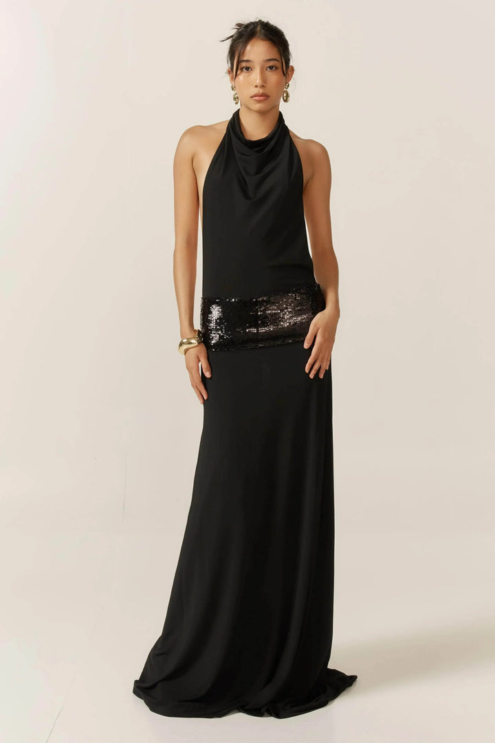 Vestito lungo da donna nero schiena nuda con paillettes