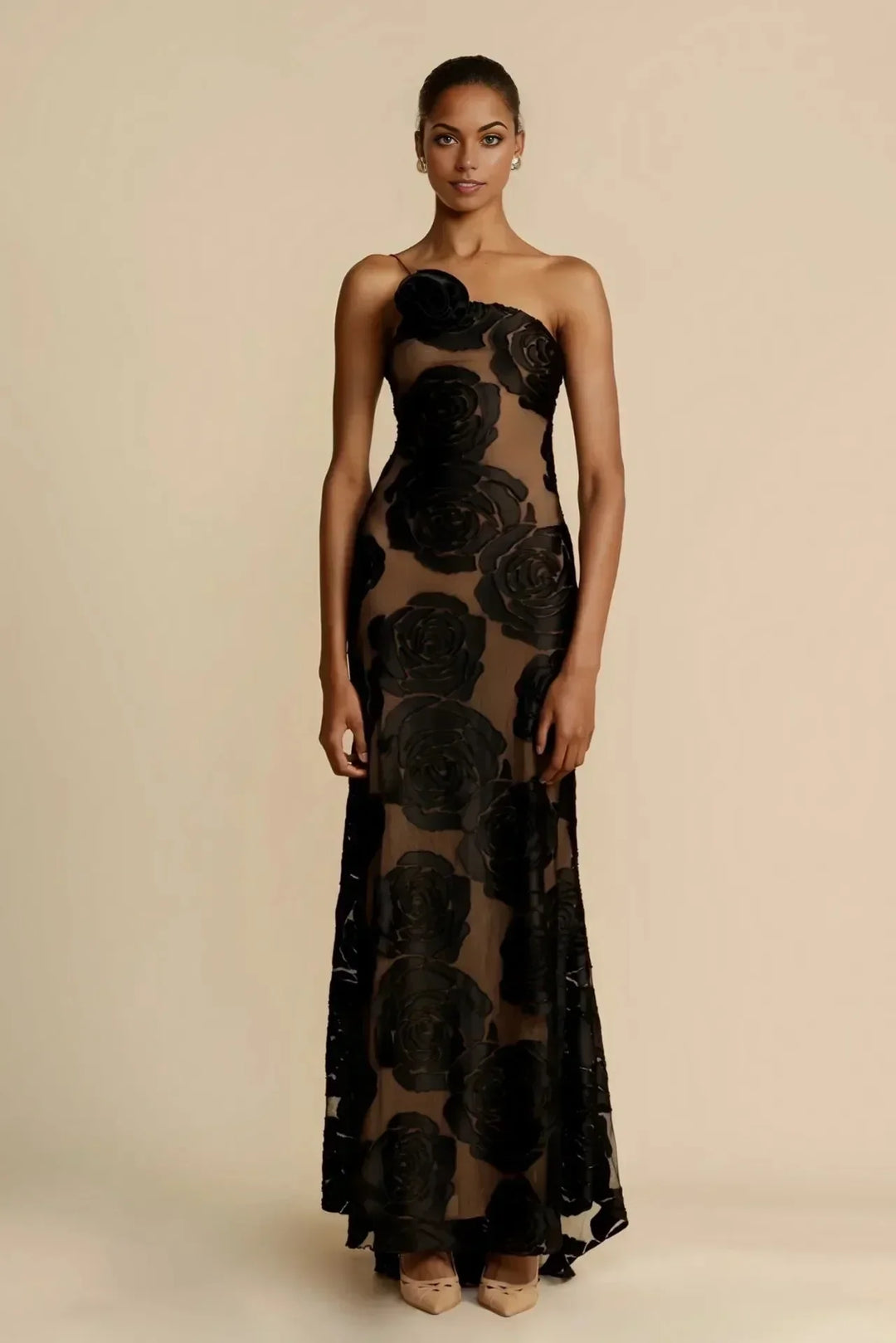 Vestito lungo donna nero trasparente con motivi floreali