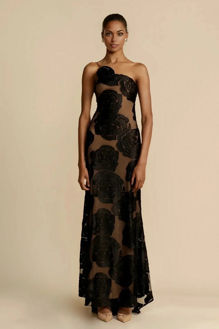 Vestito lungo donna nero trasparente con motivi floreali