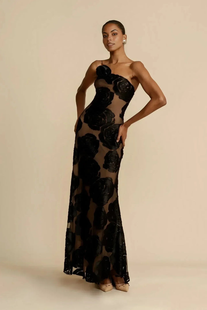 Vestito lungo donna nero trasparente con motivi floreali