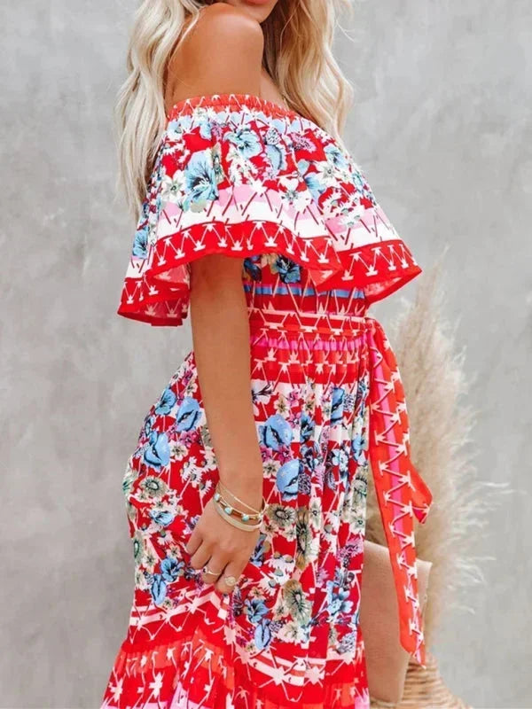 Vestito lungo donna con Spalle scoperte e motivi floreali