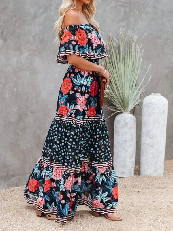 Vestito lungo donna con Spalle scoperte e motivi floreali