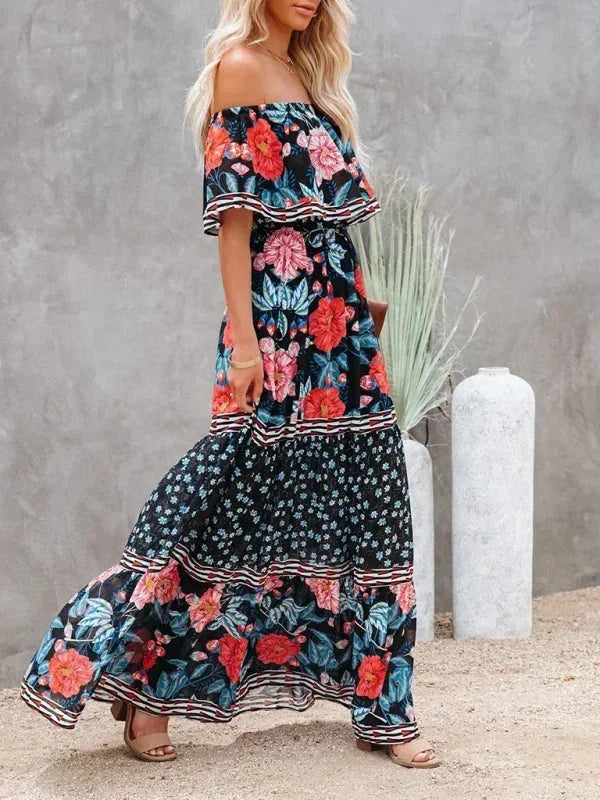 Vestito lungo donna con Spalle scoperte e motivi floreali