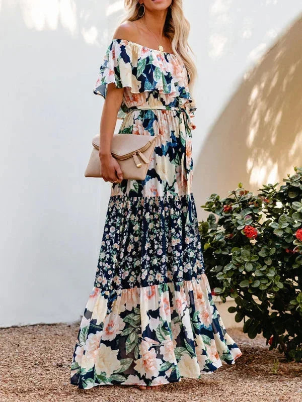 Vestito lungo donna con Spalle scoperte e motivi floreali