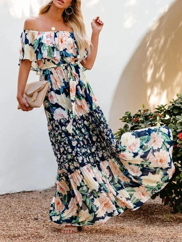 Vestito lungo donna con Spalle scoperte e motivi floreali