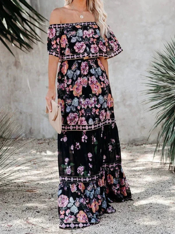 Vestito lungo donna con Spalle scoperte e motivi floreali