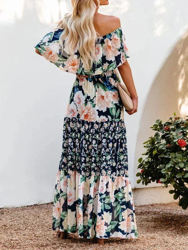 Vestito lungo donna con Spalle scoperte e motivi floreali