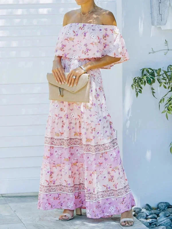 Vestito lungo donna con Spalle scoperte e motivi floreali