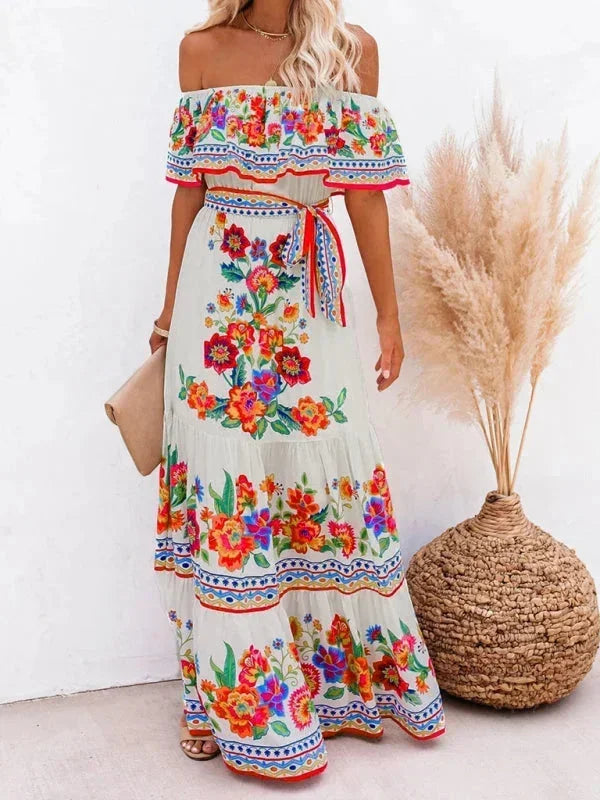 Vestito lungo donna con Spalle scoperte e motivi floreali