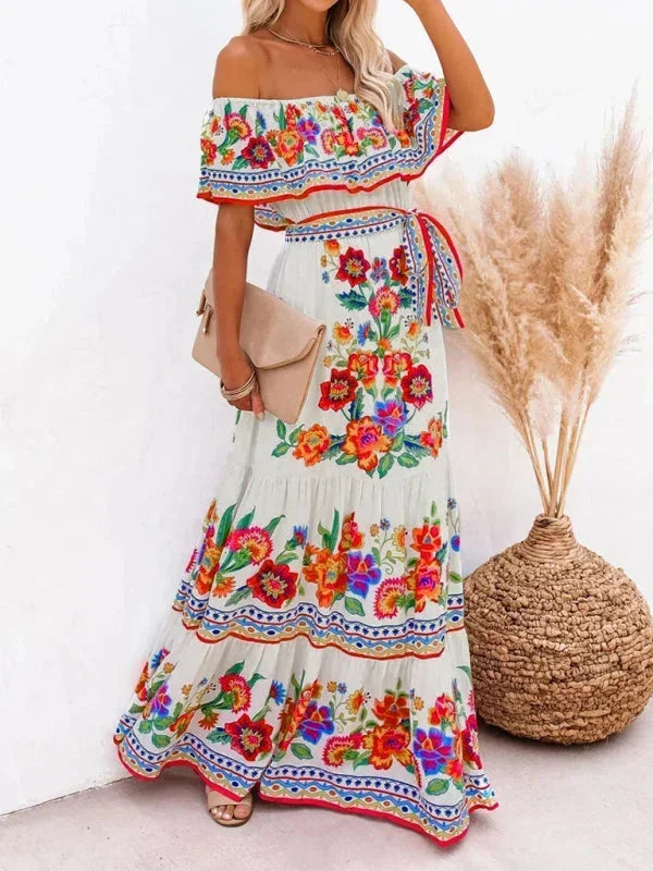 Vestito lungo donna con Spalle scoperte e motivi floreali