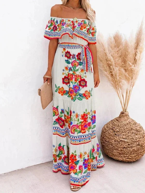 Vestito lungo donna con Spalle scoperte e motivi floreali