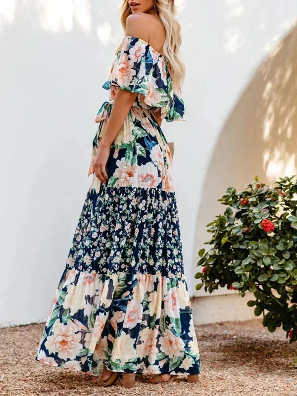 Vestito lungo donna con Spalle scoperte e motivi floreali