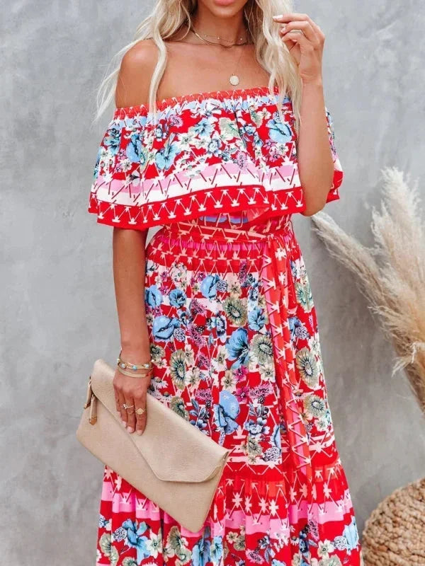 Vestito lungo donna con Spalle scoperte e motivi floreali