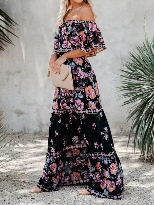 Vestito lungo donna con Spalle scoperte e motivi floreali