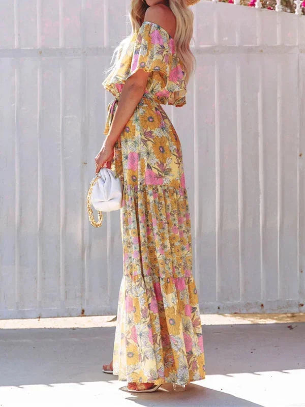 Vestito lungo donna con Spalle scoperte e motivi floreali
