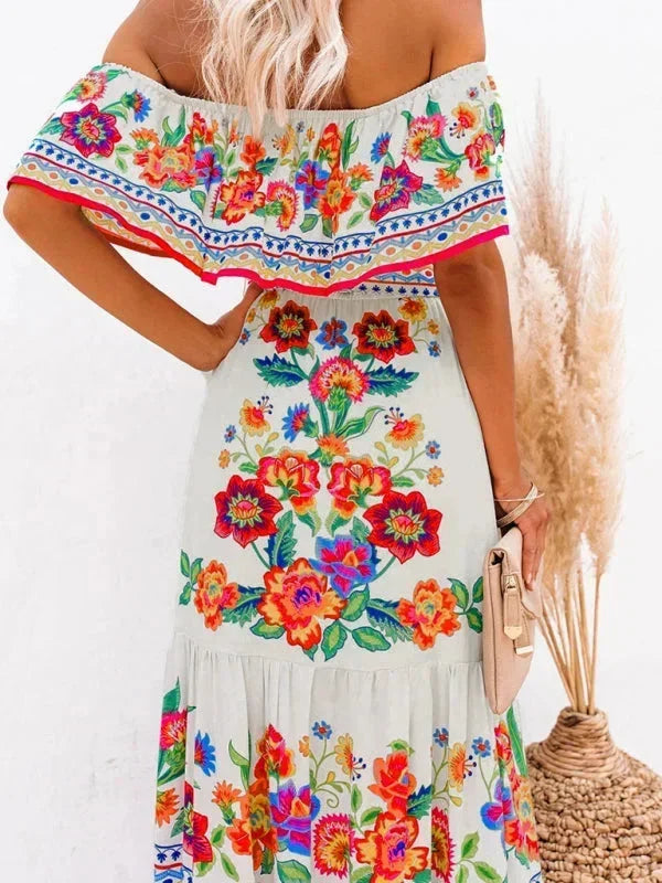 Vestito lungo donna con Spalle scoperte e motivi floreali