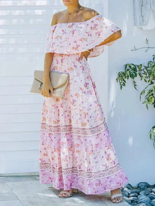 Vestito lungo donna con Spalle scoperte e motivi floreali