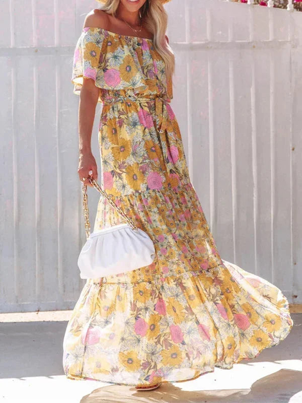 Vestito lungo donna con Spalle scoperte e motivi floreali