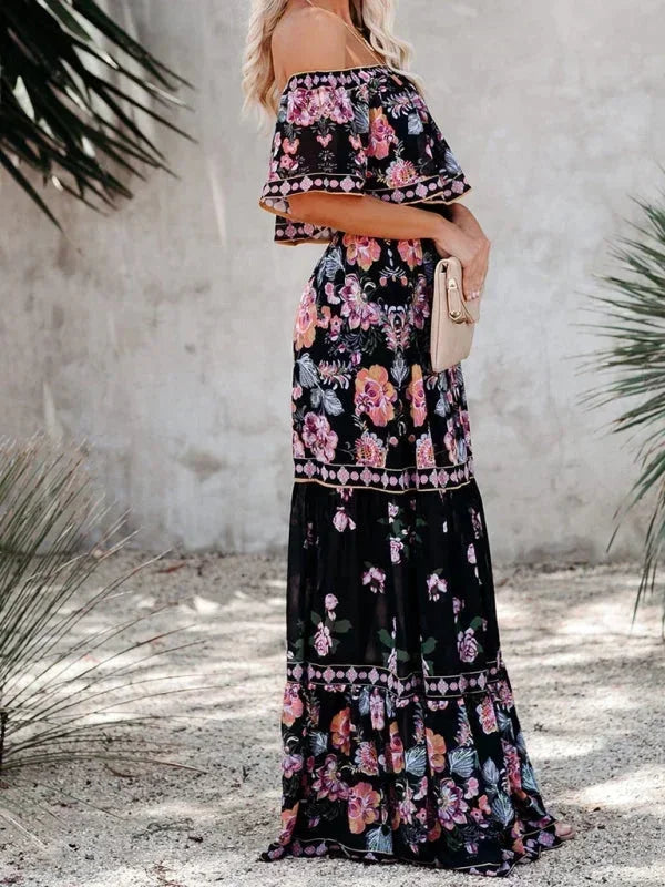Vestito lungo donna con Spalle scoperte e motivi floreali