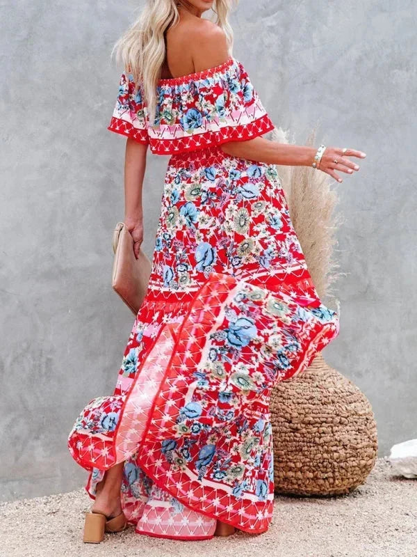 Vestito lungo donna con Spalle scoperte e motivi floreali