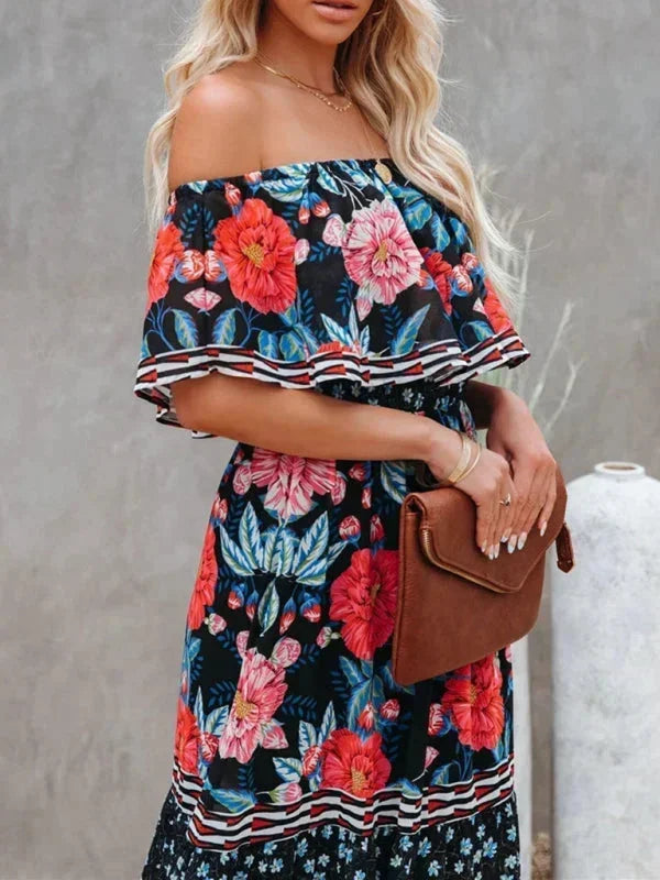 Vestito lungo donna con Spalle scoperte e motivi floreali