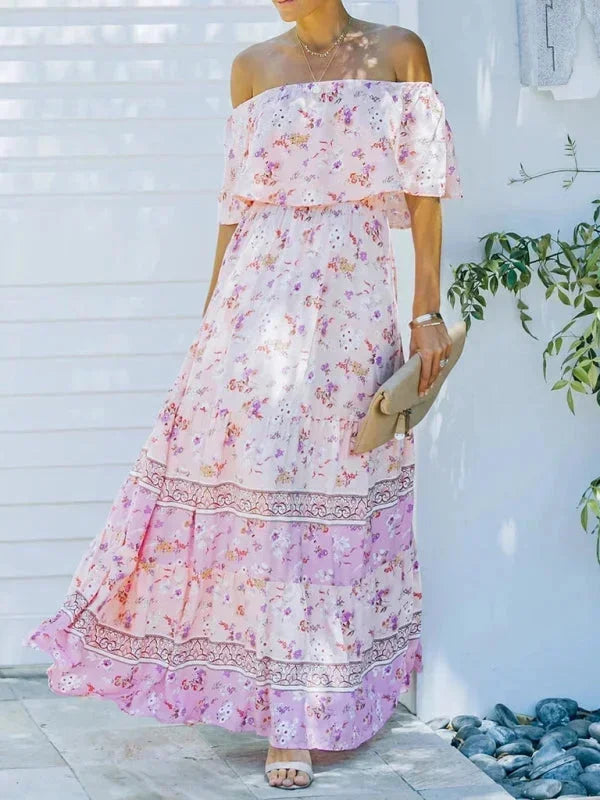 Vestito lungo donna con Spalle scoperte e motivi floreali
