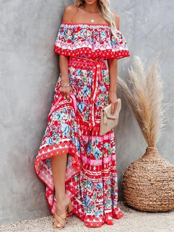 Vestito lungo donna con Spalle scoperte e motivi floreali