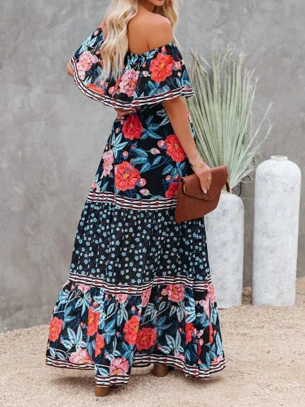 Vestito lungo donna con Spalle scoperte e motivi floreali