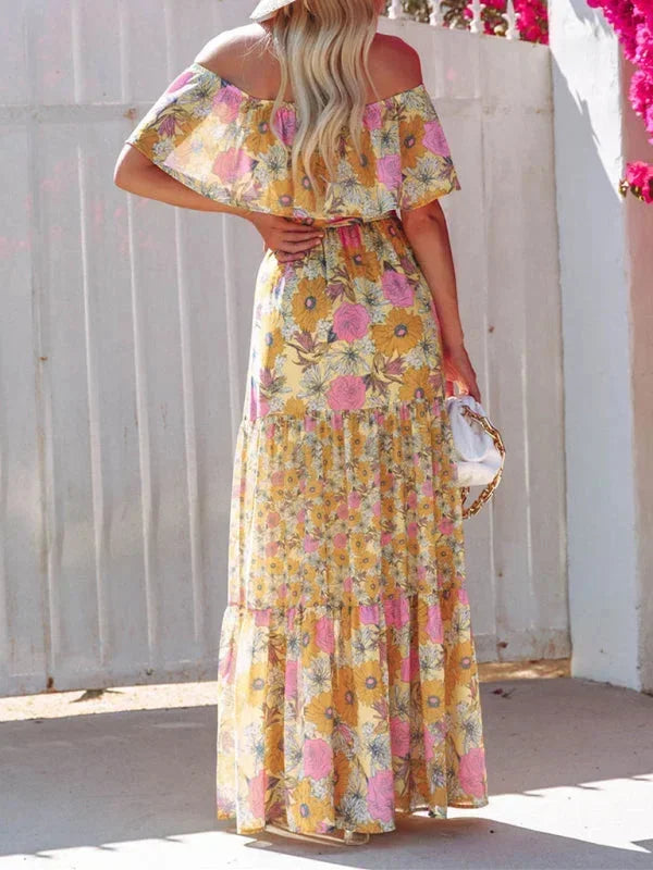 Vestito lungo donna con Spalle scoperte e motivi floreali