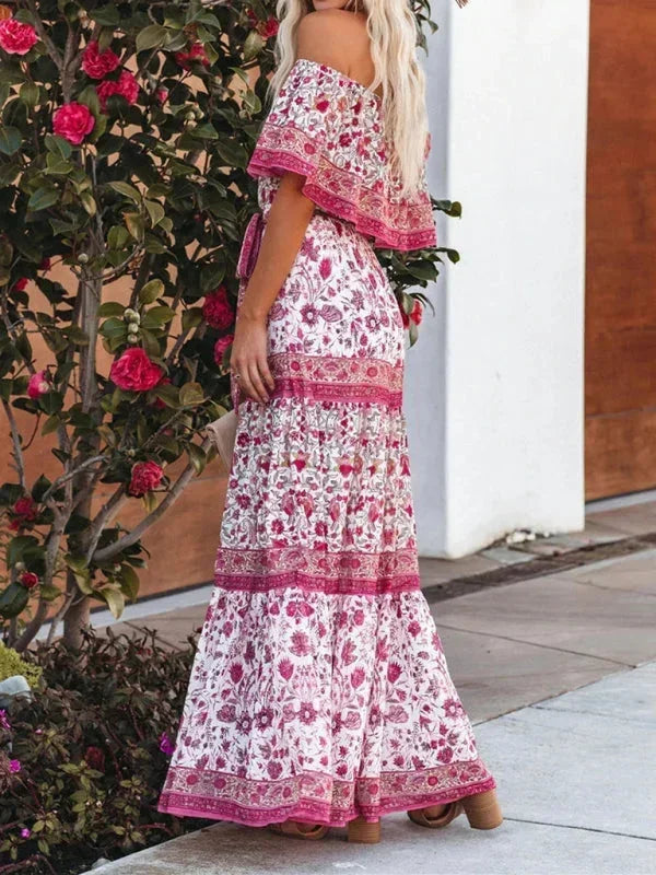 Vestito lungo donna con Spalle scoperte e motivi floreali
