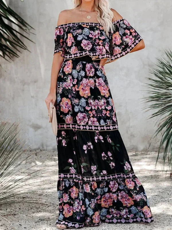 Vestito lungo donna con Spalle scoperte e motivi floreali