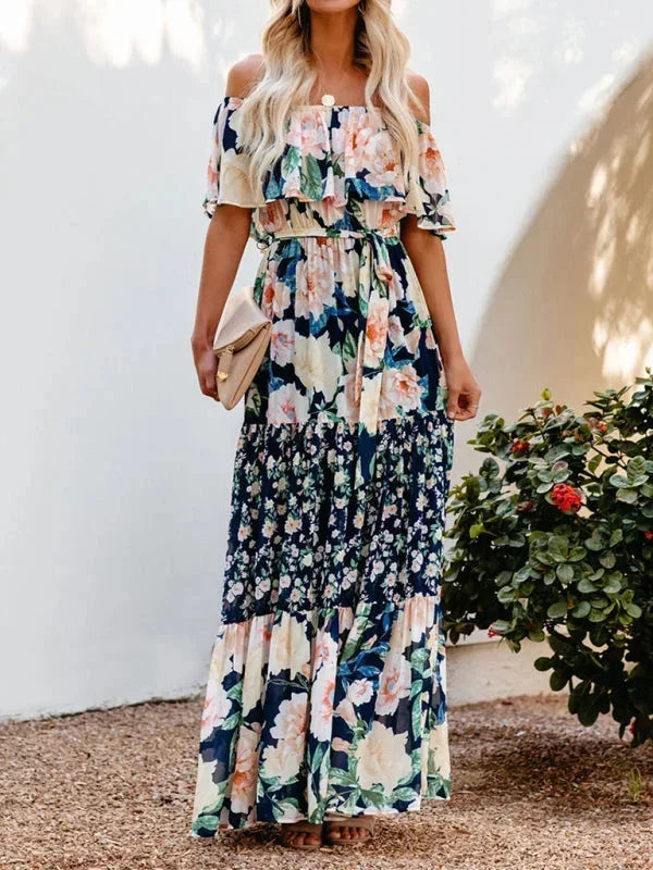 Vestito lungo donna con Spalle scoperte e motivi floreali