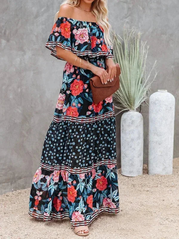Vestito lungo donna con Spalle scoperte e motivi floreali
