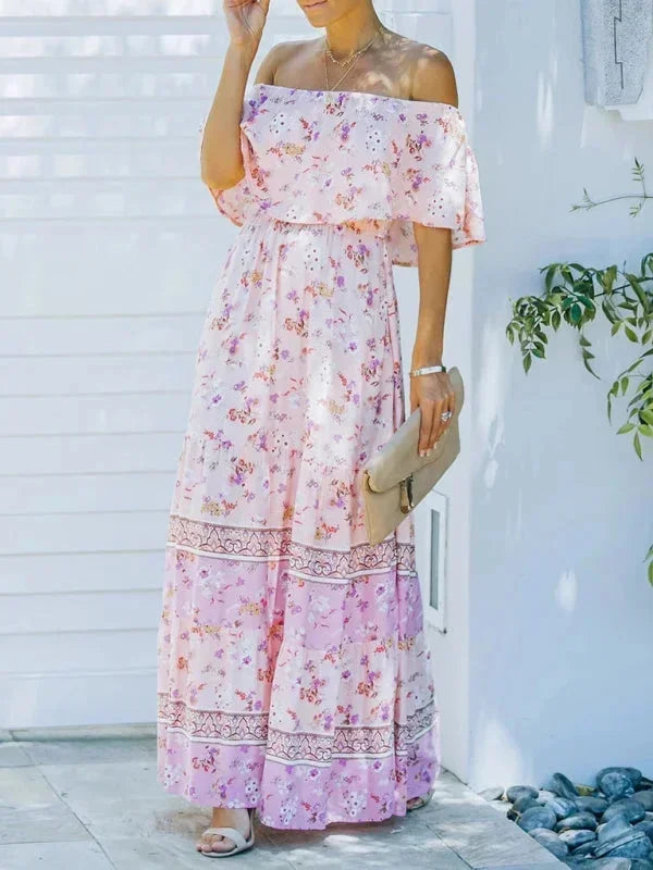 Vestito lungo donna con Spalle scoperte e motivi floreali