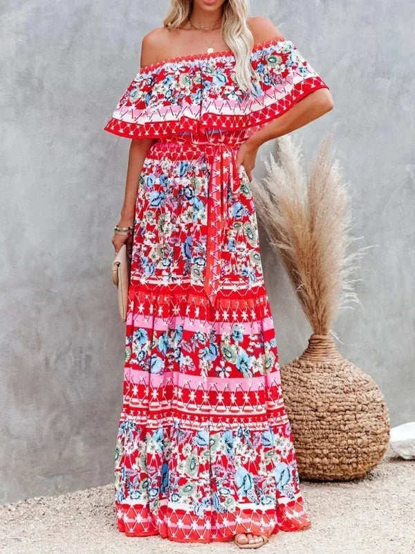 Vestito lungo donna con Spalle scoperte e motivi floreali