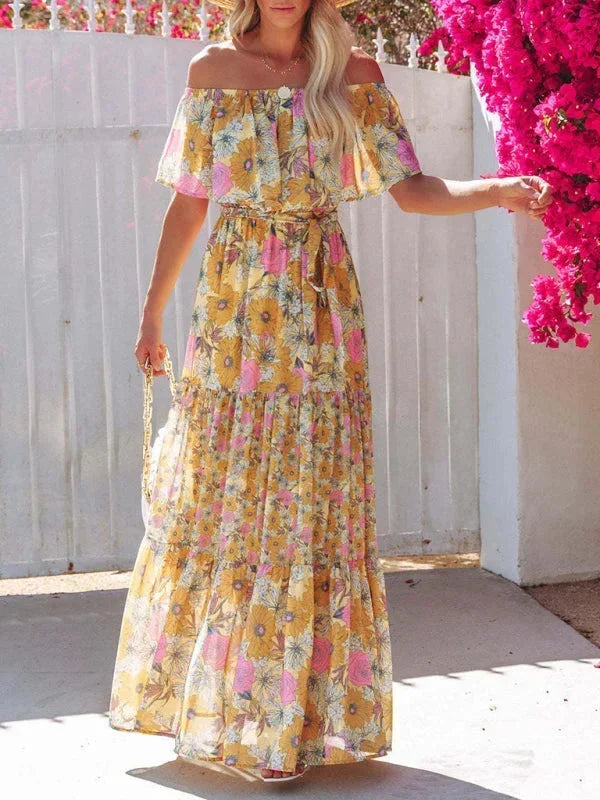 Vestito lungo donna con Spalle scoperte e motivi floreali