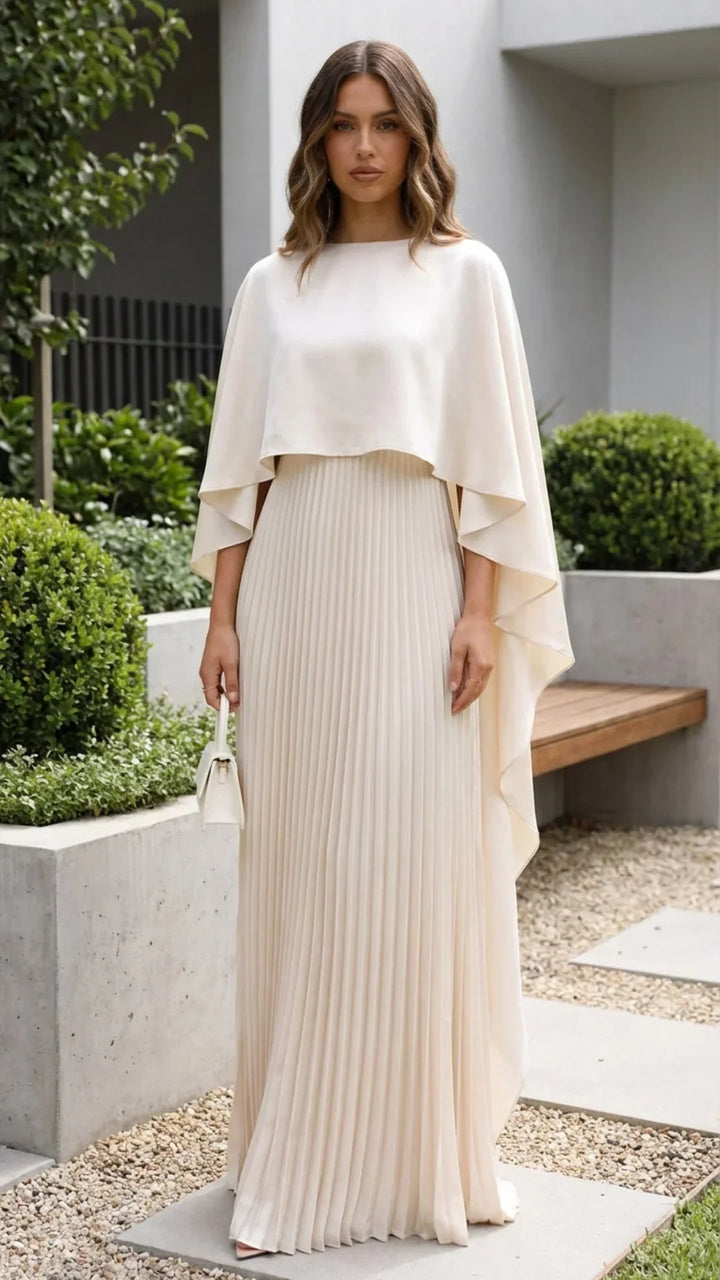 Vestito lungo da donna plissettato con maniche a mantella