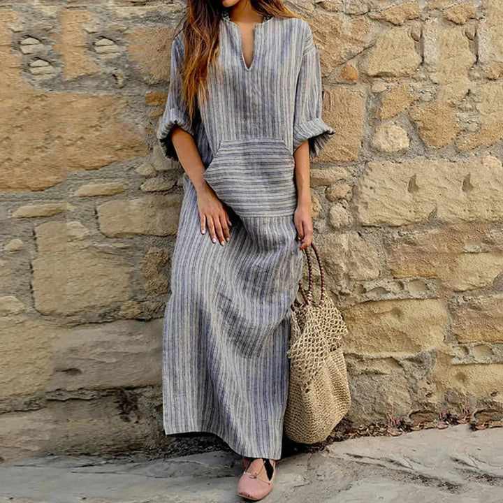 Vestito lungo donna a righe con scollo a V e tasche