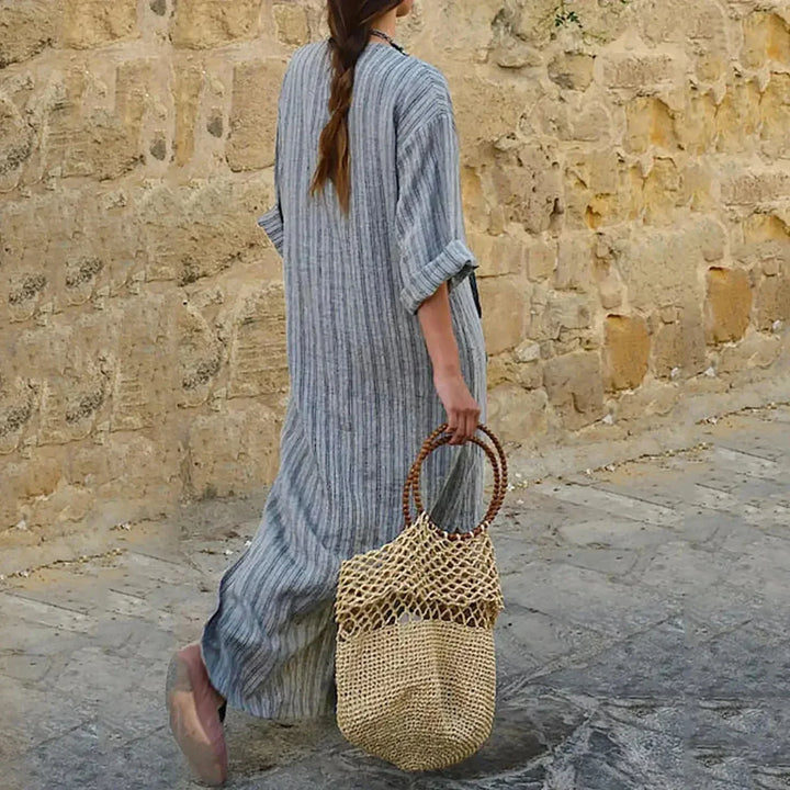 Vestito lungo donna a righe con scollo a V e tasche