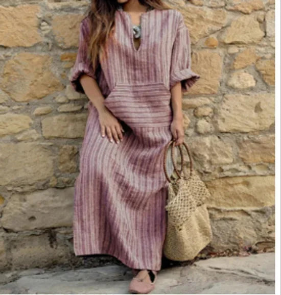 Vestito lungo donna a righe con scollo a V e tasche