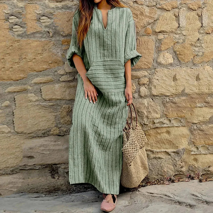 Vestito lungo donna a righe con scollo a V e tasche