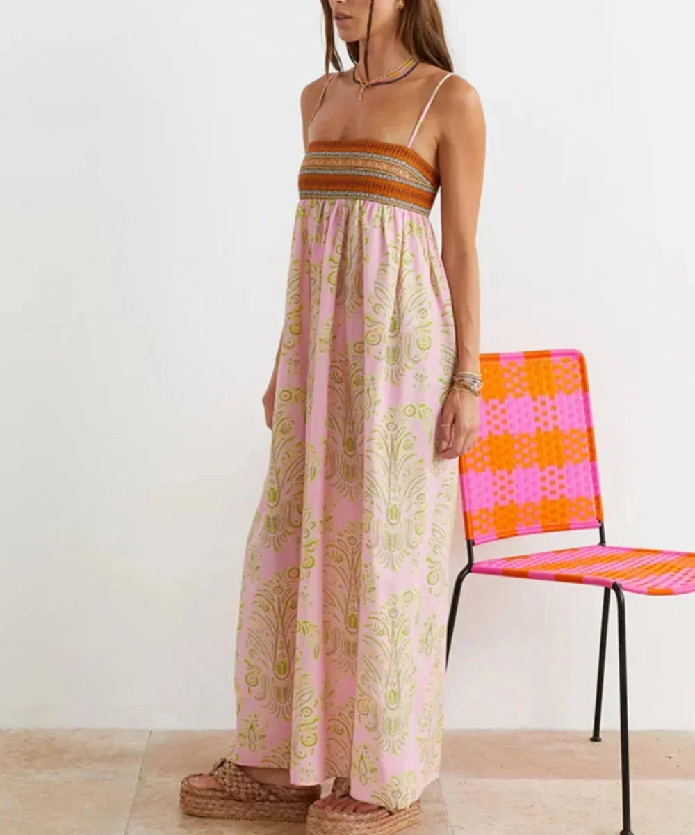 Vestito lungo donna rosa boho con bretelle e motivi estivi