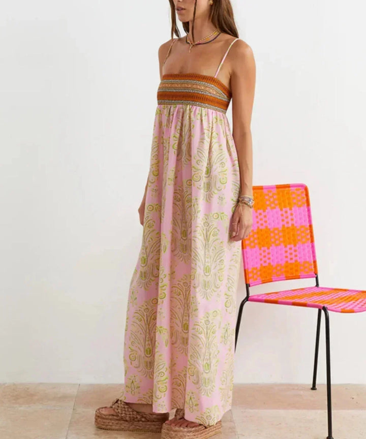 Vestito lungo donna rosa boho con bretelle e motivi estivi