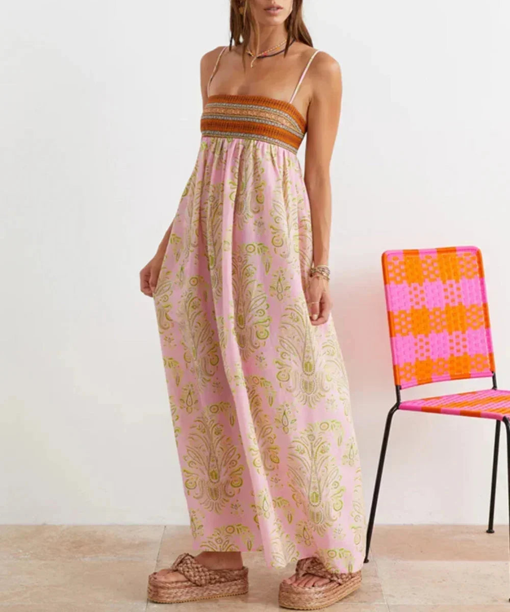 Vestito lungo donna rosa boho con bretelle e motivi estivi